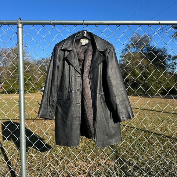 Vintage Black Leather Coat/ Trench Coat - Picture 1 of 9